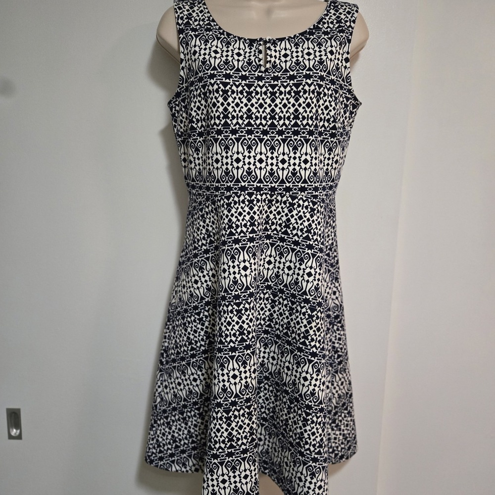 Talbots Sz S Navy White Sleeveless Geometric Print Fit & Flare Shift Dress NEW